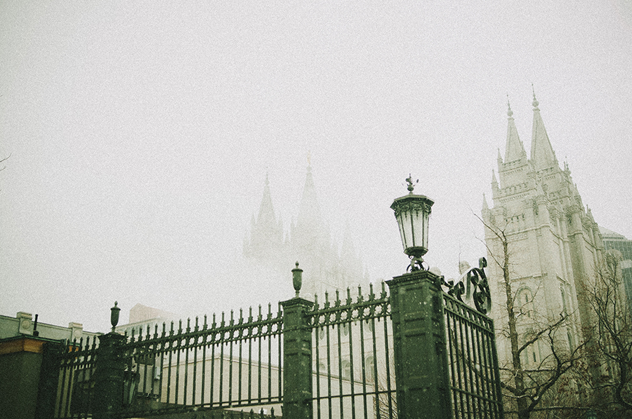 Salt Lake Temple in the winter, covered in fog and misty snow