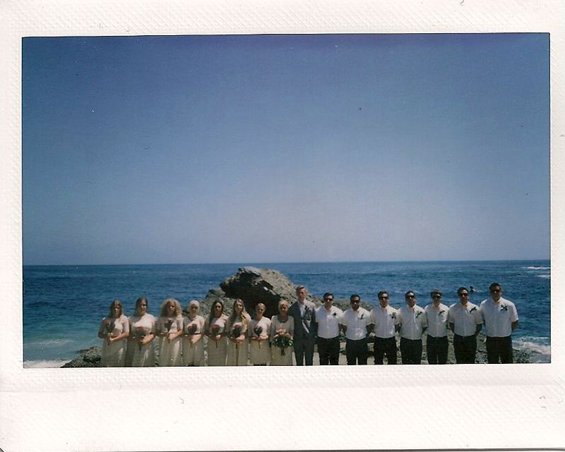 Bridal party photo at Newport Beach, California captured on Polaroid film.