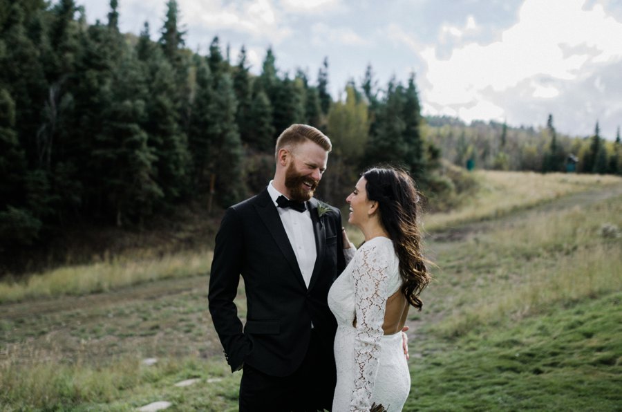 Bride and Groom pine tree portrait at the St Regis Deer Valley