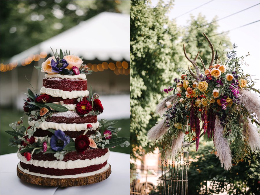 Fall dark color wedding flowers and cake design