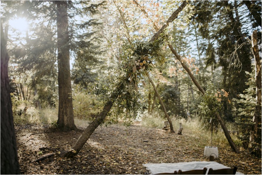 Rustic wedding ceremony archway in the forest